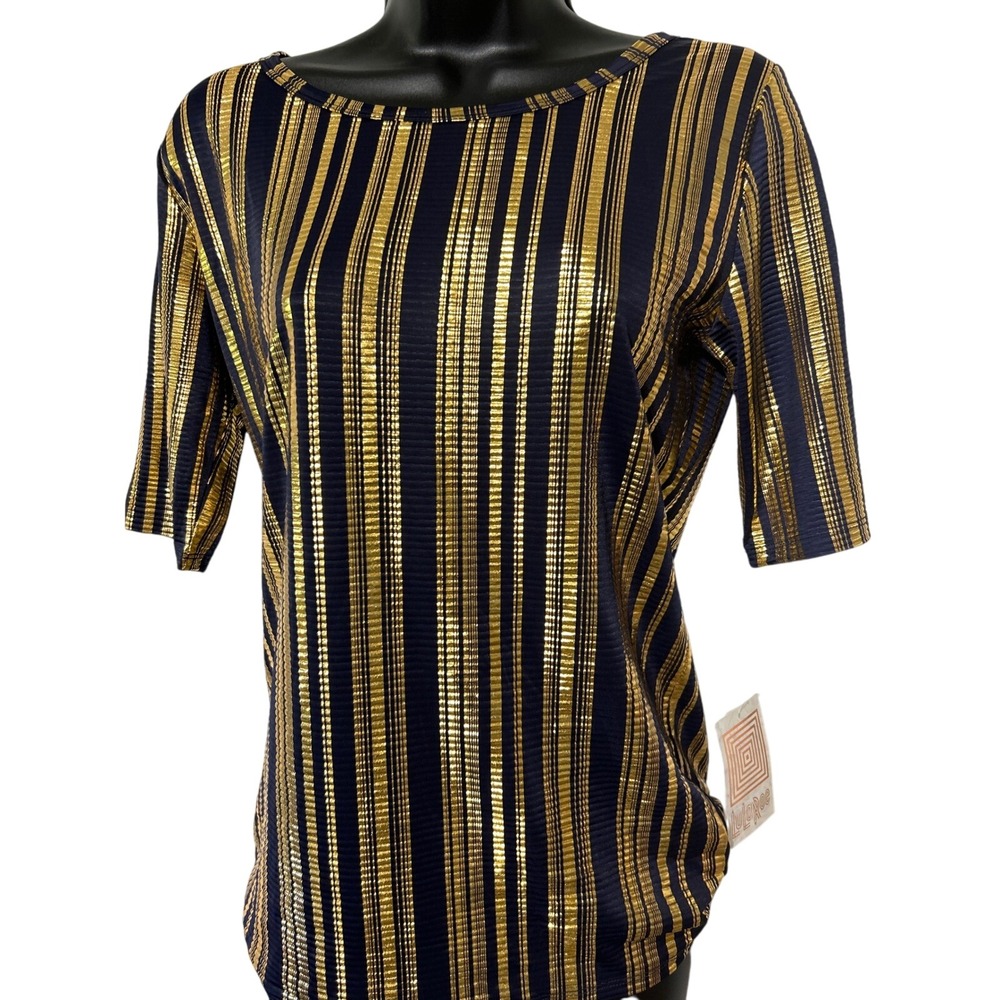 LuLaRoe Gigi Top Women's Small Navy Gold Striped Boat Neck Fitted Tee‎